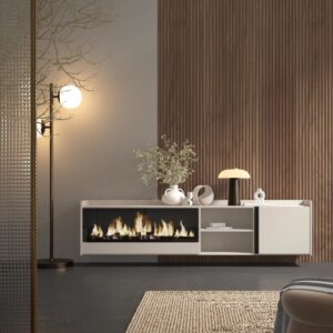 TV-Möbel Holzeffekt beige 212x35x50cm Kamin mit Feuereffekt XXL 212x50x35cm Spanplatte Beige Skraut home Möbel Wohnzimmermöbel TV-Möbel