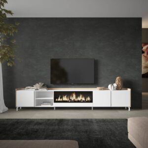 wohnli-moebel-suche-M26043525-1 TV-Möbel Holzeffekt weiß und eiche 315x35x61cm Kamin mit Feuereffekt 315x61x35cm Spanplatte Weiß Skraut home Möbel Wohnzimmermöbel TV-Möbel