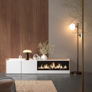 wohnli-moebel-suche-M26043535-1 TV-Möbel Holzeffekt weiß und eiche 212x35x50cm Kamin mit Feuereffekt 212x50x35cm Spanplatte Weiß Skraut home Möbel Wohnzimmermöbel TV-Möbel