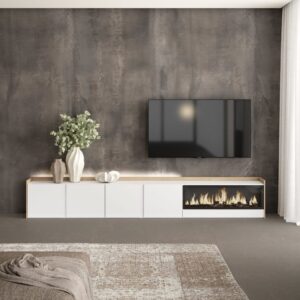 wohnli-moebel-suche-M26043536-1 TV-Möbel Holzeffekt weiß und eiche 315x35x50cm Kamin mit Feuereffekt 315x50x35cm Spanplatte Weiß Skraut home Möbel Wohnzimmermöbel TV-Möbel