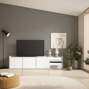 wohnli-moebel-suche-M26043537-1 TV-Möbel Holzeffekt weiß und eiche 207x35x50cm mit Led 207x50x35cm Spanplatte Weiß Skraut home Möbel Wohnzimmermöbel TV-Möbel