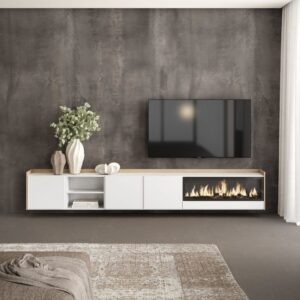 wohnli-moebel-suche-M26043538-1 TV-Möbel Holzeffekt weiß und eiche 315x35x50cm Kamin mit Feuereffekt 315x50x35cm Spanplatte Weiß Skraut home Möbel Wohnzimmermöbel TV-Möbel
