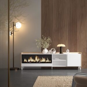wohnli-moebel-suche-M26043545-1 TV-Möbel Holzeffekt weiß und eiche 212x35x61cm Kamin mit Feuereffekt 212x61x35cm Spanplatte Weiß Skraut home Möbel Wohnzimmermöbel TV-Möbel