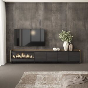 TV-Möbel Holzeffekt schwarz eiche 315x35x61cm Kamin mit Feuereffekt 315x61x35cm Spanplatte Schwarz Skraut home Möbel Wohnzimmermöbel TV-Möbel