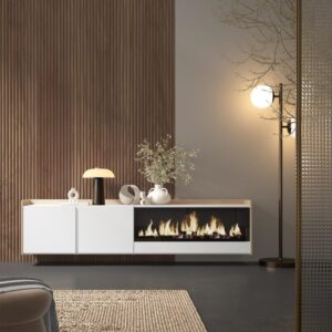 wohnli-moebel-suche-M26043555-1 TV-Möbel Holzeffekt weiß und eiche 212x35x50cm Kamin mit Feuereffekt 212x50x35cm Spanplatte Weiß Skraut home Möbel Wohnzimmermöbel TV-Möbel