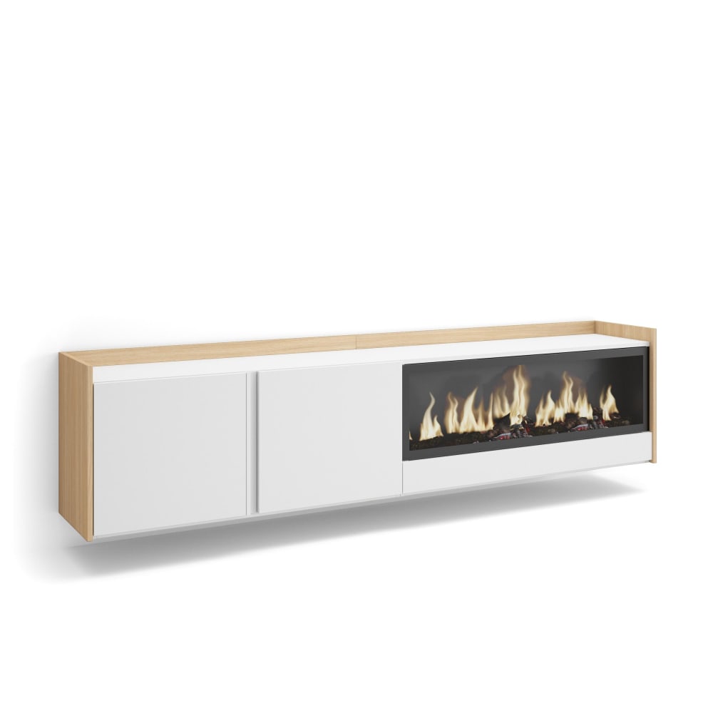 Wohnli Möbelsuche - TV-Möbel Holzeffekt weiß und eiche 212x35x50cm Kamin mit Feuereffekt