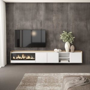 wohnli-moebel-suche-M26043561-1 TV-Möbel Holzeffekt weiß und eiche 315x35x50cm Kamin mit Feuereffekt 315x50x35cm Spanplatte Weiß Skraut home Möbel Wohnzimmermöbel TV-Möbel