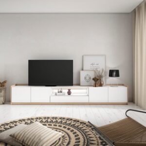 wohnli-moebel-suche-M26043565-1 TV-Möbel Holzeffekt weiß und eiche 310x37x50cm mit Led 310x50x37cm Spanplatte Weiß Skraut home Möbel Wohnzimmermöbel TV-Möbel