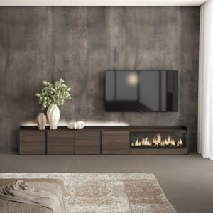 TV-Möbel Holzeffekt eiche schwarz 315x35x50cm Kamin mit Feuereffekt 315x50x35cm Spanplatte Braun Skraut home Möbel Wohnzimmermöbel TV-Möbel
