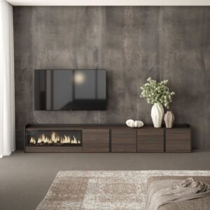 TV-Möbel Holzeffekt eiche schwarz 315x35x50cm Kamin mit Feuereffekt 315x50x35cm Spanplatte Braun Skraut home Möbel Wohnzimmermöbel TV-Möbel