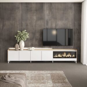 TV-Möbel Holzeffekt weiß und eiche 315x35x61cm Kamin mit Feuereffekt 315x61x35cm Spanplatte Weiß Skraut home Möbel Wohnzimmermöbel TV-Möbel