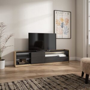 TV-Möbel Holzeffekt schwarz und eiche 207x37x50cm mit Led 207x50x37cm Spanplatte Schwarz Skraut home Möbel Wohnzimmermöbel TV-Möbel
