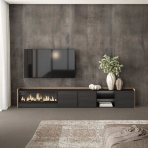 wohnli-moebel-suche-M26043579-1 TV-Möbel Holzeffekt schwarz eiche 315x35x50cm Kamin mit Feuereffekt 315x50x35cm Spanplatte Schwarz Skraut home Möbel Wohnzimmermöbel TV-Möbel
