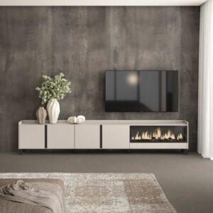 TV-Möbel Holzeffekt beige 315x35x61cm Kamin mit Feuereffekt XXL 315x61x35cm Spanplatte Beige Skraut home Möbel Wohnzimmermöbel TV-Möbel
