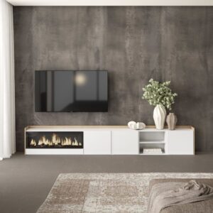 wohnli-moebel-suche-M26043585-1 TV-Möbel Holzeffekt weiß und eiche 315x35x50cm Kamin mit Feuereffekt 315x50x35cm Spanplatte Weiß Skraut home Möbel Wohnzimmermöbel TV-Möbel