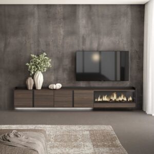 TV-Möbel Holzeffekt eiche schwarz 315x35x50cm Kamin mit Feuereffekt 315x50x35cm Spanplatte Braun Skraut home Möbel Wohnzimmermöbel TV-Möbel