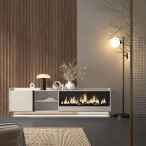 TV-Möbel Holzeffekt beige 212x35x50cm Kamin mit Feuereffekt XXL 212x50x35cm Spanplatte Beige Skraut home Möbel Wohnzimmermöbel TV-Möbel