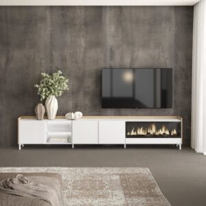 TV-Möbel Holzeffekt weiß und eiche 315x35x61cm Kamin mit Feuereffekt 315x61x35cm Spanplatte Weiß Skraut home Möbel Wohnzimmermöbel TV-Möbel