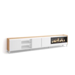 Wohnli Möbelsuche - TV-Möbel Holzeffekt weiß und eiche 315x35x61cm Kamin mit Feuereffekt