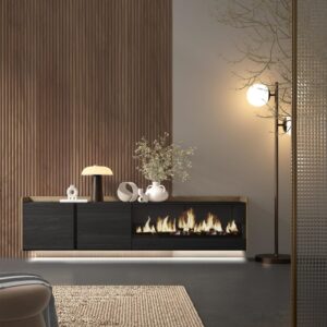 TV-Möbel Holzeffekt schwarz eiche 212x35x50cm Kamin mit Feuereffekt 212x50x35cm Spanplatte Schwarz Skraut home Möbel Wohnzimmermöbel TV-Möbel