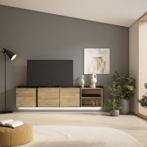 TV-Möbel Holzeffekt eiche und schwarz 207x35x50cm Hängend 207x50x35cm Spanplatte Beige Skraut home Möbel Wohnzimmermöbel TV-Möbel