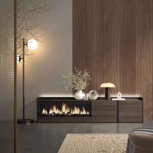 TV-Möbel Holzeffekt eiche schwarz 212x35x50cm Kamin mit Feuereffekt 212x50x35cm Spanplatte Braun Skraut home Möbel Wohnzimmermöbel TV-Möbel