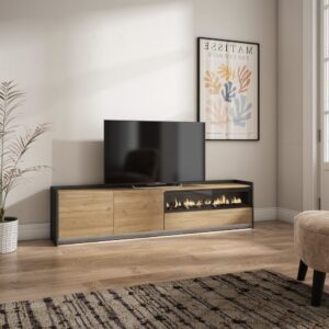 wohnli-moebel-suche-M26043607-1 TV-Möbel Holzeffekt eiche schwarz 207x37x50cm Kamin mit Feuereffekt 207x50x37cm Spanplatte Beige Skraut home Möbel Wohnzimmermöbel TV-Möbel