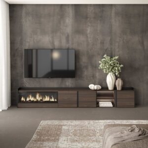 TV-Möbel Holzeffekt eiche schwarz 315x35x50cm Kamin mit Feuereffekt 315x50x35cm Spanplatte Braun Skraut home Möbel Wohnzimmermöbel TV-Möbel