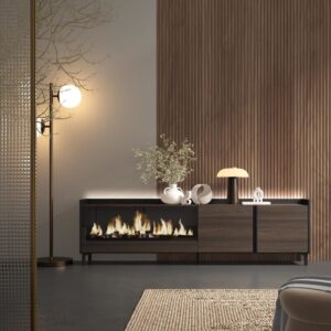 TV-Möbel Holzeffekt eiche schwarz 212x35x61cm Kamin mit Feuereffekt 212x61x35cm Spanplatte Braun Skraut home Möbel Wohnzimmermöbel TV-Möbel