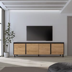 TV-Möbel Holzeffekt eiche und schwarz 207x35x61cm mit Beinen 207x61x35cm Spanplatte Beige Skraut home Möbel Wohnzimmermöbel TV-Möbel