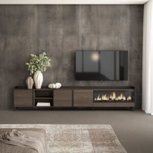 TV-Möbel Holzeffekt eiche schwarz 315x35x61cm Kamin mit Feuereffekt 315x61x35cm Spanplatte Braun Skraut home Möbel Wohnzimmermöbel TV-Möbel