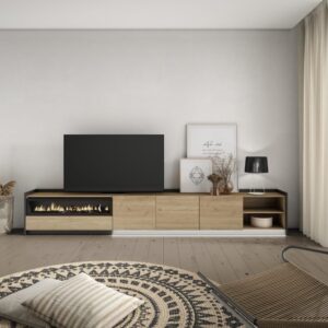 wohnli-moebel-suche-M26043621-1 TV-Möbel Holzeffekt eiche schwarz 310x37x50cm Kamin mit Feuereffekt 310x50x37cm Spanplatte Beige Skraut home Möbel Wohnzimmermöbel TV-Möbel