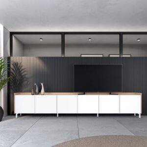 wohnli-moebel-suche-M26043624-1 TV-Möbel Holzeffekt weiß und eiche 309x35x61cm mit Beinen 309x61x35cm Spanplatte Weiß Skraut home Möbel Wohnzimmermöbel TV-Möbel