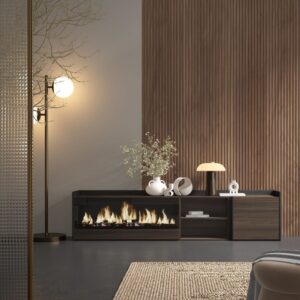 TV-Möbel Holzeffekt eiche schwarz 212x35x50cm Kamin mit Feuereffekt 212x50x35cm Spanplatte Braun Skraut home Möbel Wohnzimmermöbel TV-Möbel