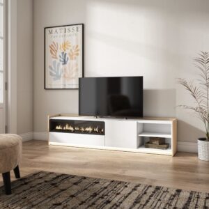 wohnli-moebel-suche-M26043633-1 TV-Möbel Holzeffekt weiß und eiche 207x37x50cm Kamin mit Feuereffekt 207x50x37cm Spanplatte Weiß Skraut home Möbel Wohnzimmermöbel TV-Möbel