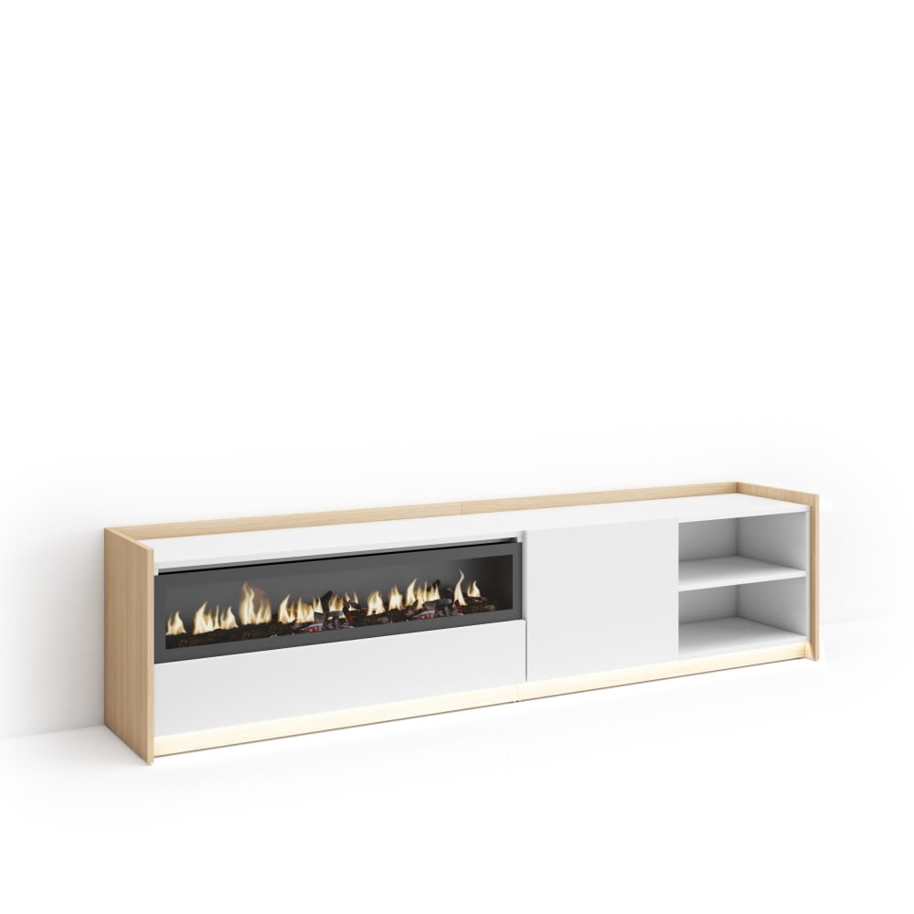 Wohnli Möbelsuche - TV-Möbel Holzeffekt weiß und eiche 207x37x50cm Kamin mit Feuereffekt