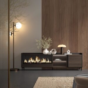TV-Möbel Holzeffekt eiche schwarz 212x35x61cm Kamin mit Feuereffekt 212x61x35cm Spanplatte Braun Skraut home Möbel Wohnzimmermöbel TV-Möbel