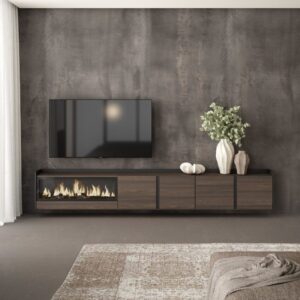 TV-Möbel Holzeffekt eiche schwarz 315x35x50cm Kamin mit Feuereffekt 315x50x35cm Spanplatte Braun Skraut home Möbel Wohnzimmermöbel TV-Möbel