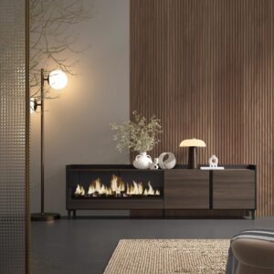 TV-Möbel Holzeffekt eiche schwarz 212x35x61cm Kamin mit Feuereffekt 212x61x35cm Spanplatte Braun Skraut home Möbel Wohnzimmermöbel TV-Möbel