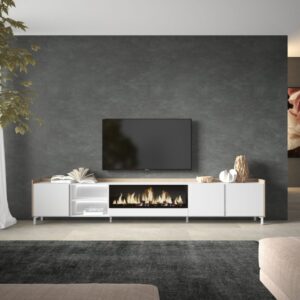 TV-Möbel Holzeffekt weiß und eiche 315x35x61cm Kamin mit Feuereffekt 315x61x35cm Spanplatte Weiß Skraut home Möbel Wohnzimmermöbel TV-Möbel