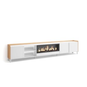 Wohnli Möbelsuche - TV-Möbel Holzeffekt weiß und eiche 315x35x61cm Kamin mit Feuereffekt