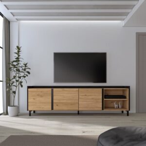 TV-Möbel Holzeffekt eiche und schwarz 207x35x61cm mit Beinen 207x61x35cm Spanplatte Beige Skraut home Möbel Wohnzimmermöbel TV-Möbel