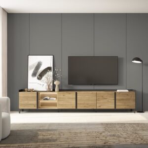 TV-Möbel Holzeffekt eiche und schwarz 309x35x61cm mit Beinen 309x61x35cm Spanplatte Beige Skraut home Möbel Wohnzimmermöbel TV-Möbel