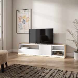 TV-Möbel Holzeffekt weiß und eiche 207x37x50cm mit Led 207x50x37cm Spanplatte Weiß Skraut home Möbel Wohnzimmermöbel TV-Möbel