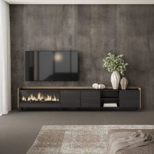 wohnli-moebel-suche-M26043652-1 TV-Möbel Holzeffekt schwarz eiche 315x35x61cm Kamin mit Feuereffekt 315x61x35cm Spanplatte Schwarz Skraut home Möbel Wohnzimmermöbel TV-Möbel