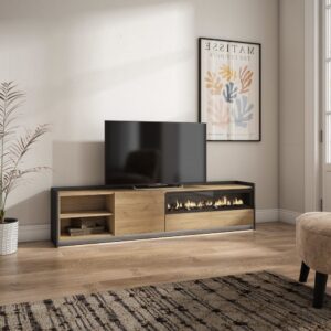 wohnli-moebel-suche-M26043653-1 TV-Möbel Holzeffekt eiche schwarz 207x37x50cm Kamin mit Feuereffekt 207x50x37cm Spanplatte Beige Skraut home Möbel Wohnzimmermöbel TV-Möbel