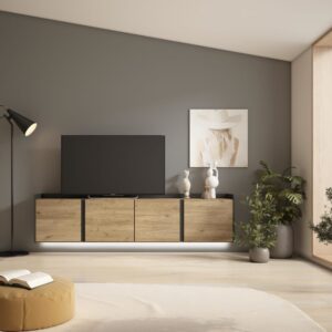 TV-Möbel Holzeffekt eiche und schwarz 207x35x50cm Hängend 207x50x35cm Spanplatte Beige Skraut home Möbel Wohnzimmermöbel TV-Möbel