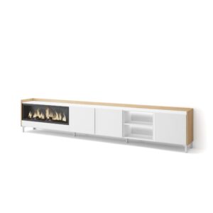 Wohnli Möbelsuche - TV-Möbel Holzeffekt weiß und eiche 315x35x61cm Kamin mit Feuereffekt