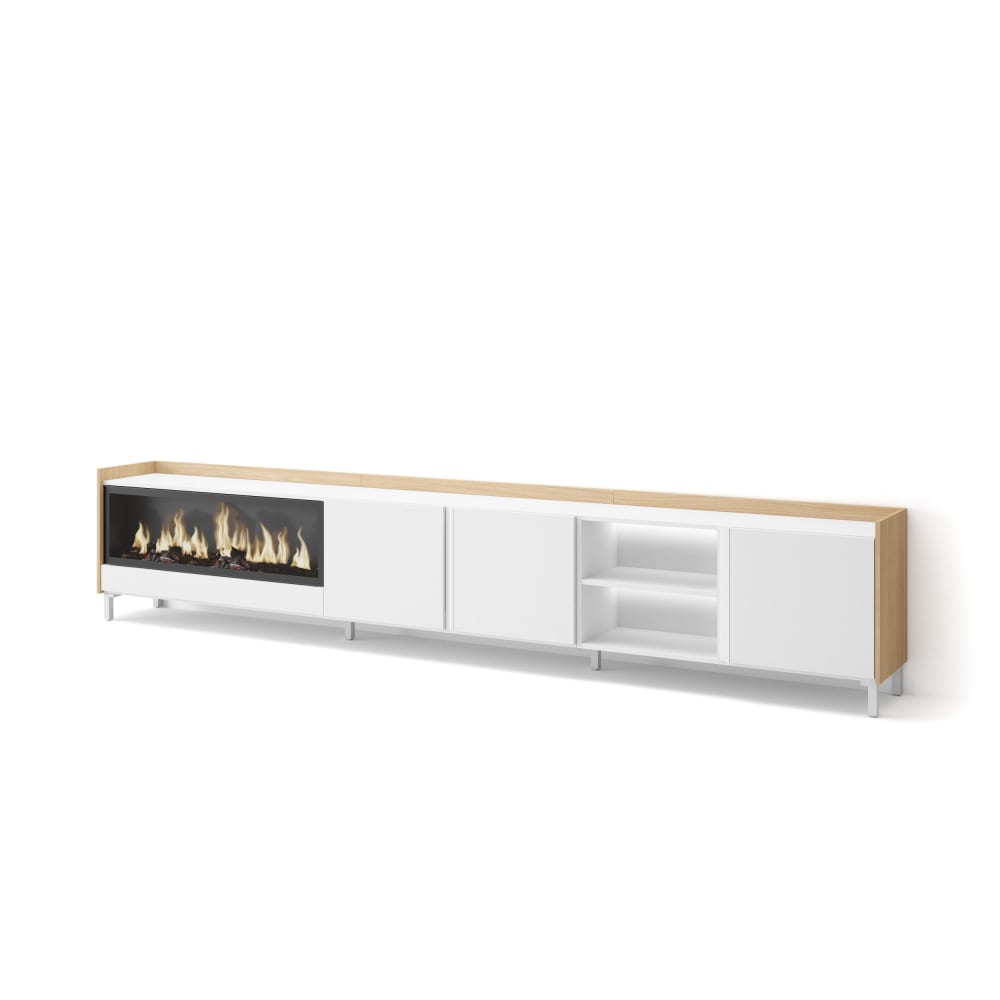 Wohnli Möbelsuche - TV-Möbel Holzeffekt weiß und eiche 315x35x61cm Kamin mit Feuereffekt