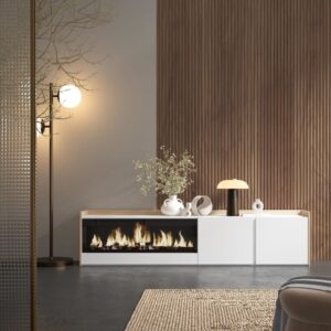 wohnli-moebel-suche-M26043667-1 TV-Möbel Holzeffekt weiß und eiche 212x35x50cm Kamin mit Feuereffekt 212x50x35cm Spanplatte Weiß Skraut home Möbel Wohnzimmermöbel TV-Möbel